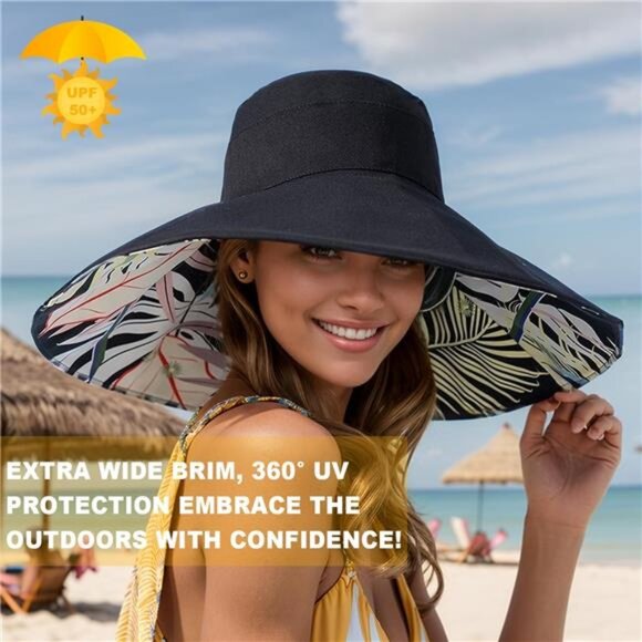 Women's Wide Brim Sun Hats UV Protection - Reversible Bucket Hat Foldable Beach - Picture 2 of 7
